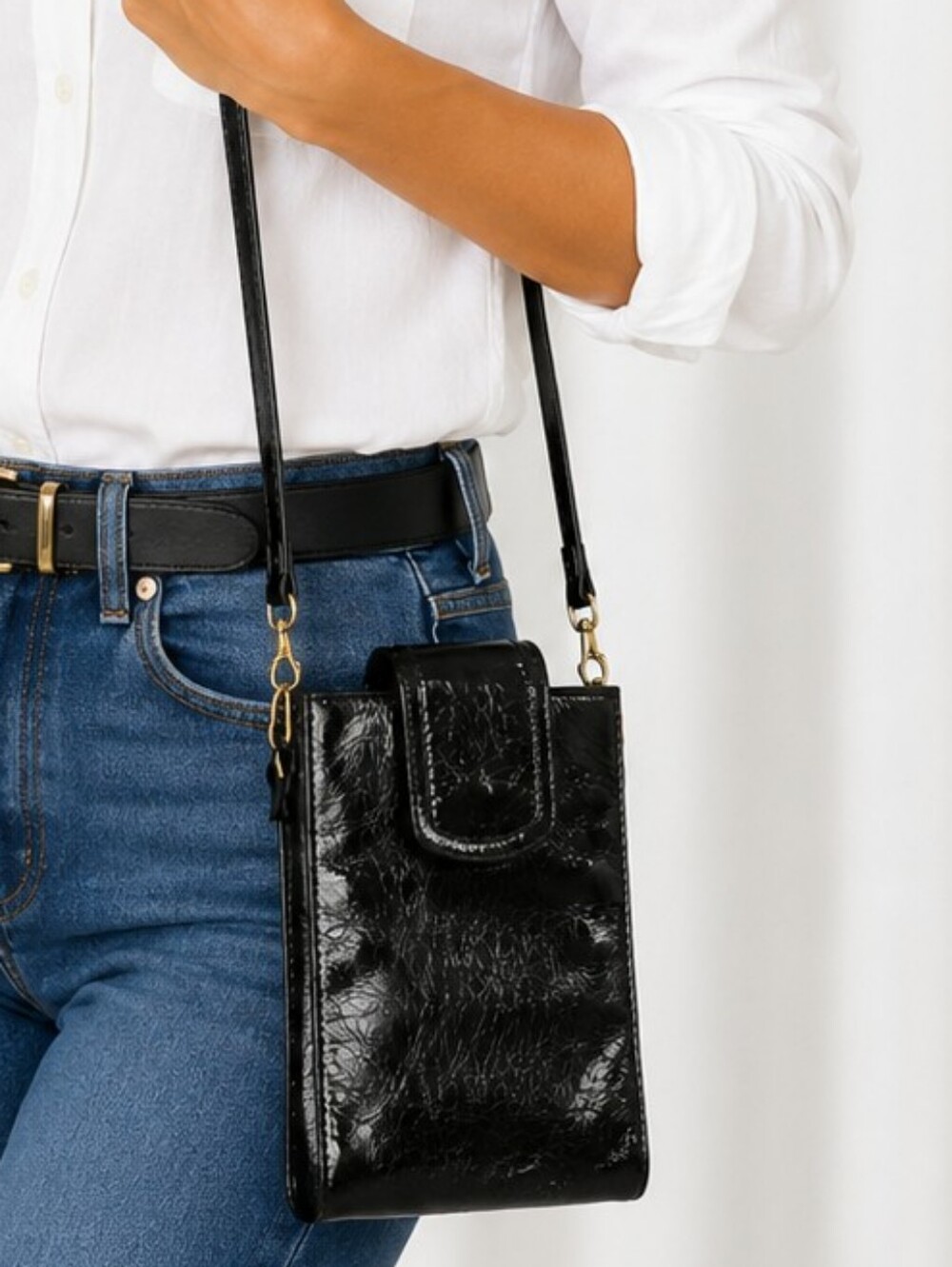 👜 Black Patent Phone Crossbody Bag Mini Purse Long Strap Gold Tone Hardware